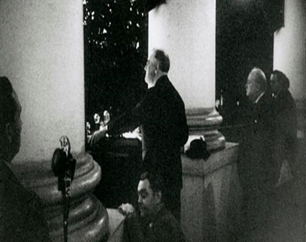 President Franklin D. Roosevelt and Prime Minister Winston Churchill on the South Portico of the White House during the National Christmas Tree Lighting ceremony, December 24, 1941. Franklin D. Roosevelt Presidential Library and Museum/NARA
