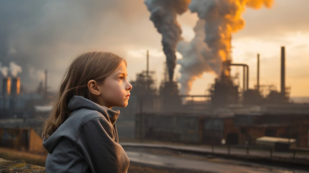 A young girl looking pensively at smoke billowing from a factory, ilrating the next generations concern for the environmental impact of carbon emissions.